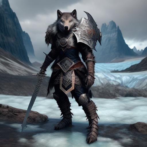 Armored Wolf Warrior on Glacier, Detailed Digital Art