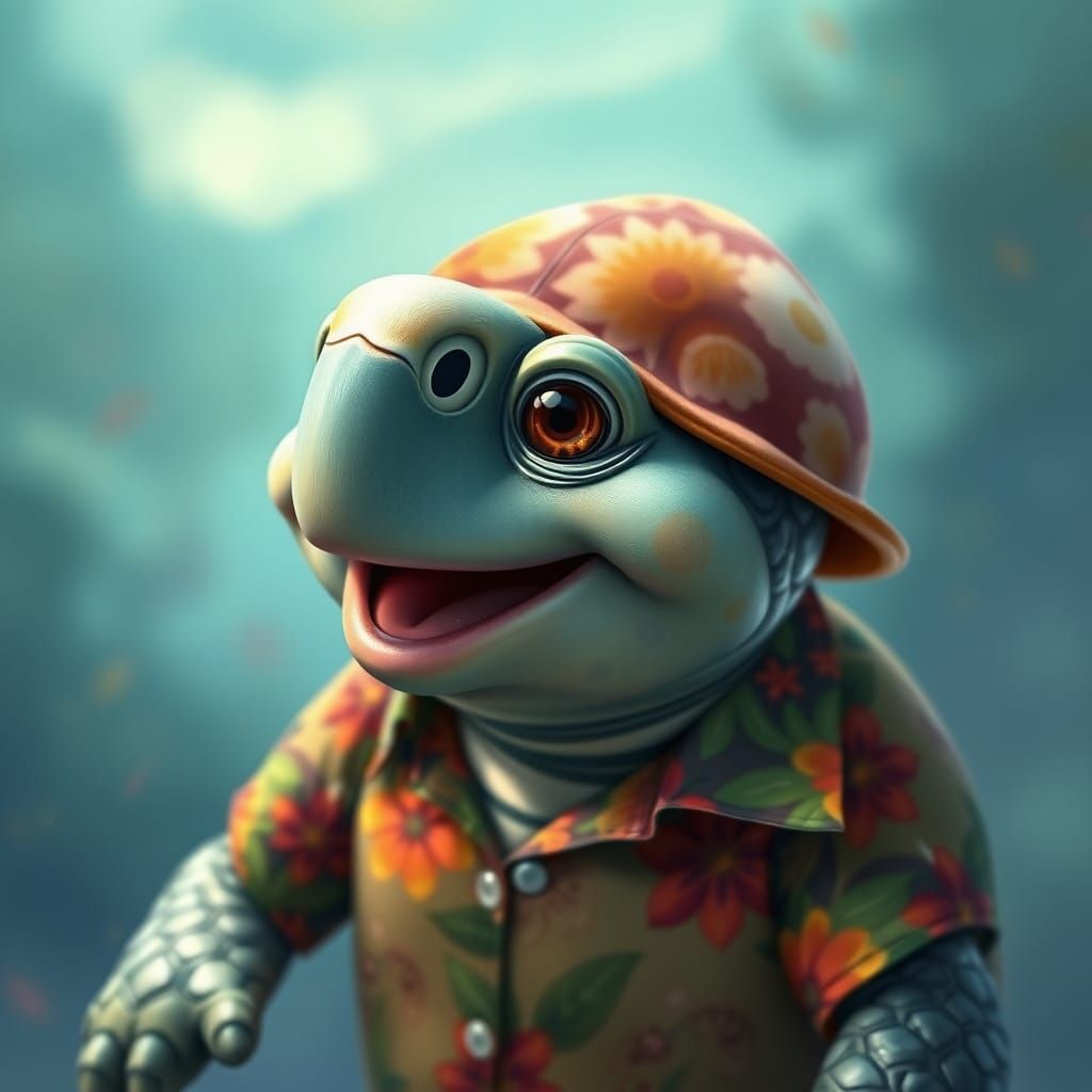 Happy Singing Turtle in Hyperrealistic Digital Painting
