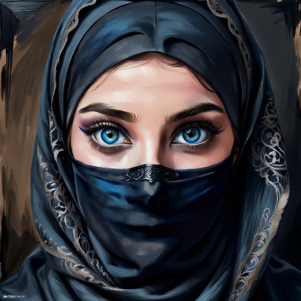 Blue-Eyed Woman in Niqab: Hyperrealistic Charcoal Portrait