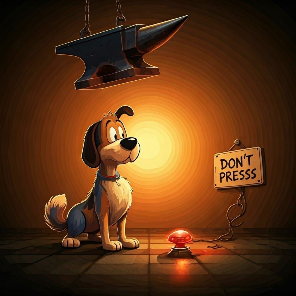 Whimsical Cartoon Character Faces Doom in a Dimly Lit Room