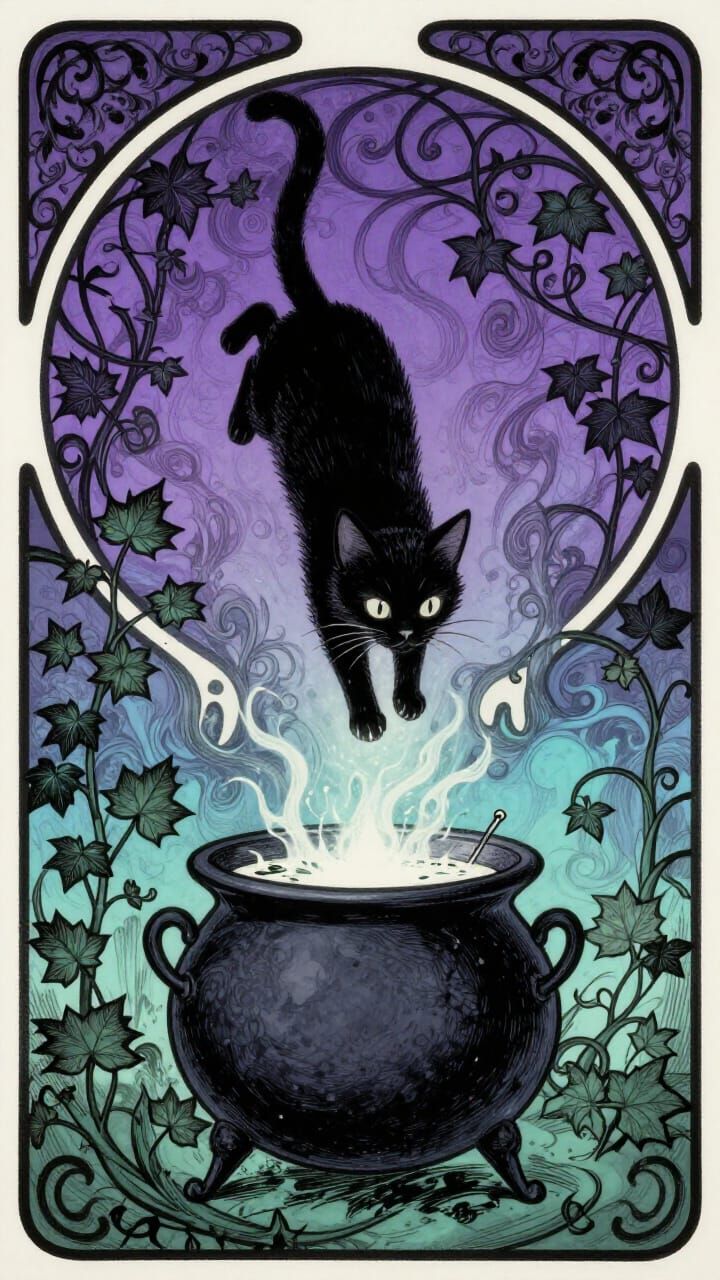 Art Nouveau Black Cat Floating Over Magic Cauldron