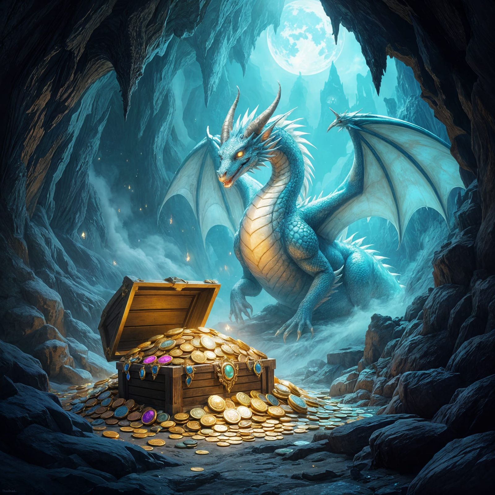 Spectral Dragon Guards Moonlit Treasure Hoard in Ethereal Ca...