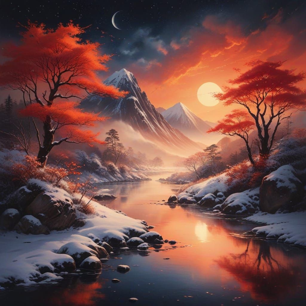 Surreal Winter Wonderland in Vibrant Orange and Crimson