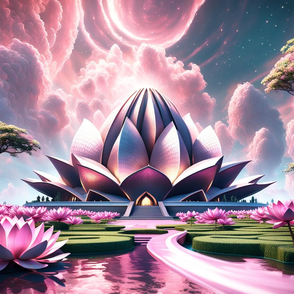 Lotus Temple Floating in Pink Sparkling Clouds