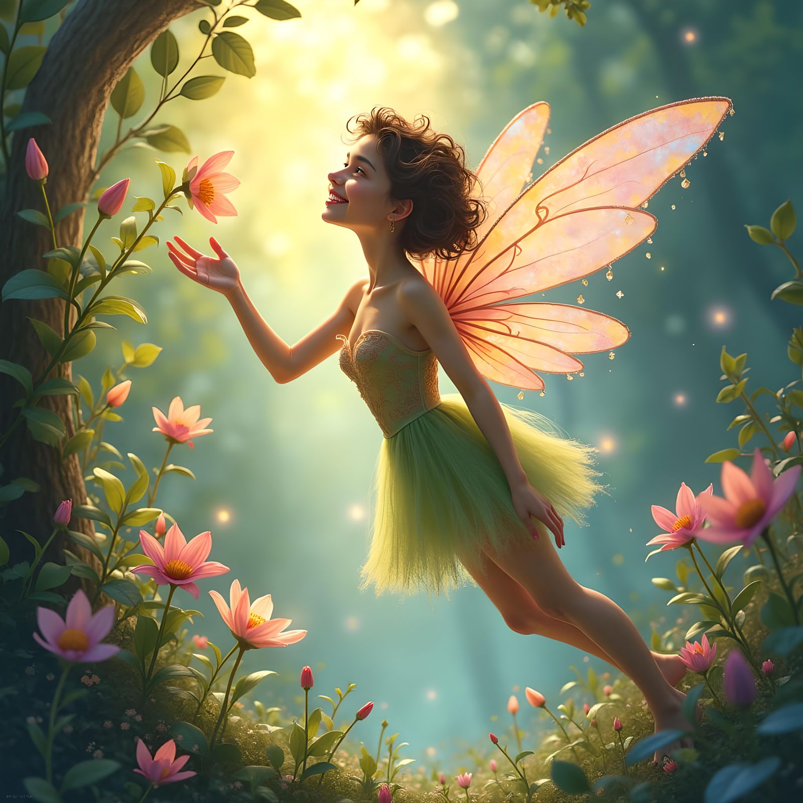 Happy Fairy in Whimsical Forest, Watercolor Illustration