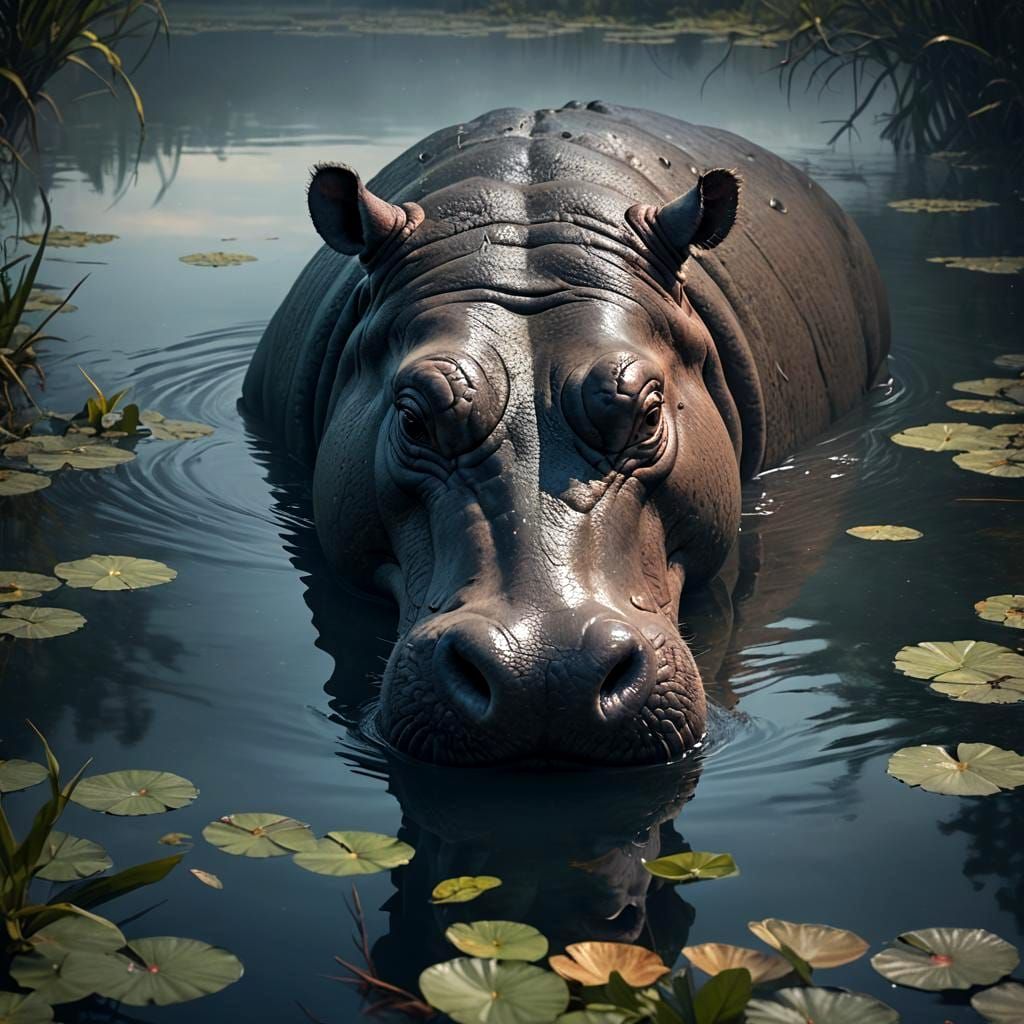 Hippo Portrait in Lake: Dark Fantasy Concept Art