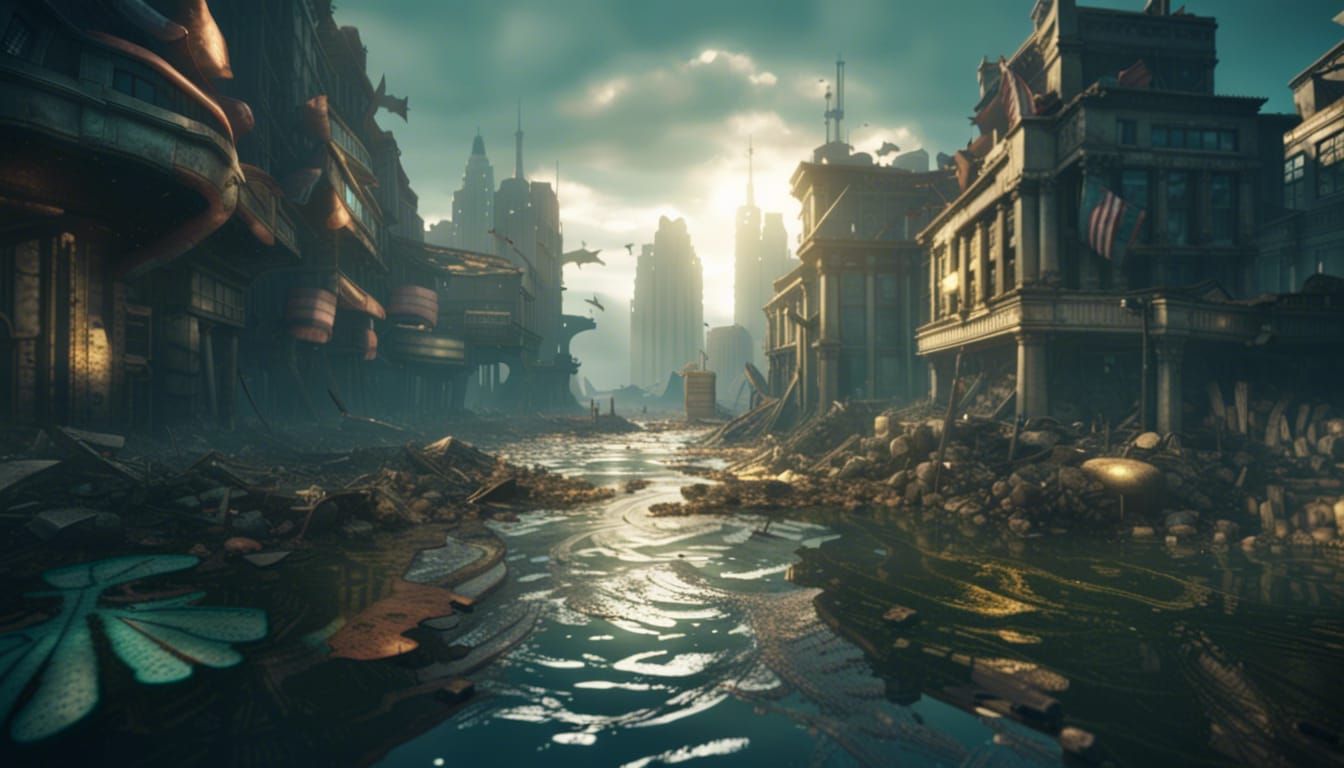 Flooded Post-Apocalyptic Cityscape in 3D Game Style