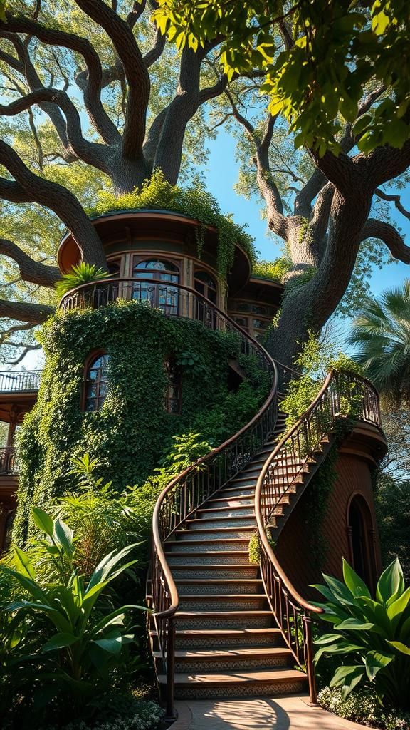 Art Deco Treehouse with Twisting Staircase, Detailed Digital...