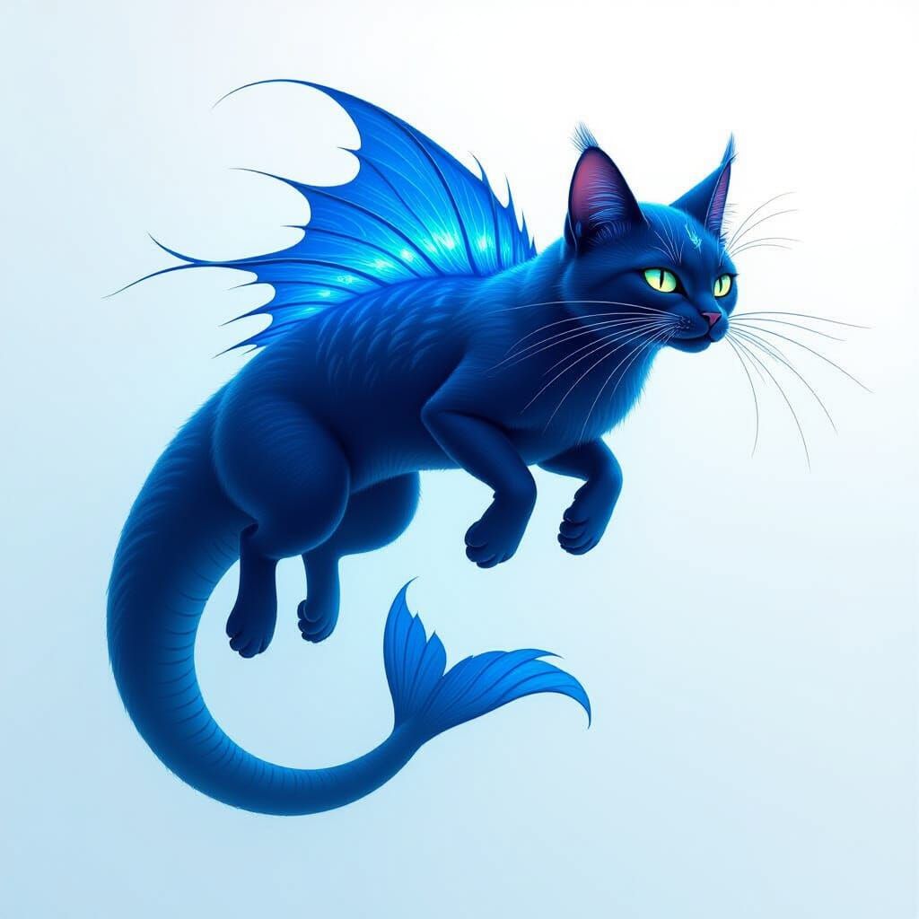 Deep Blue Cat Creature Swims in Bioluminescent Water
