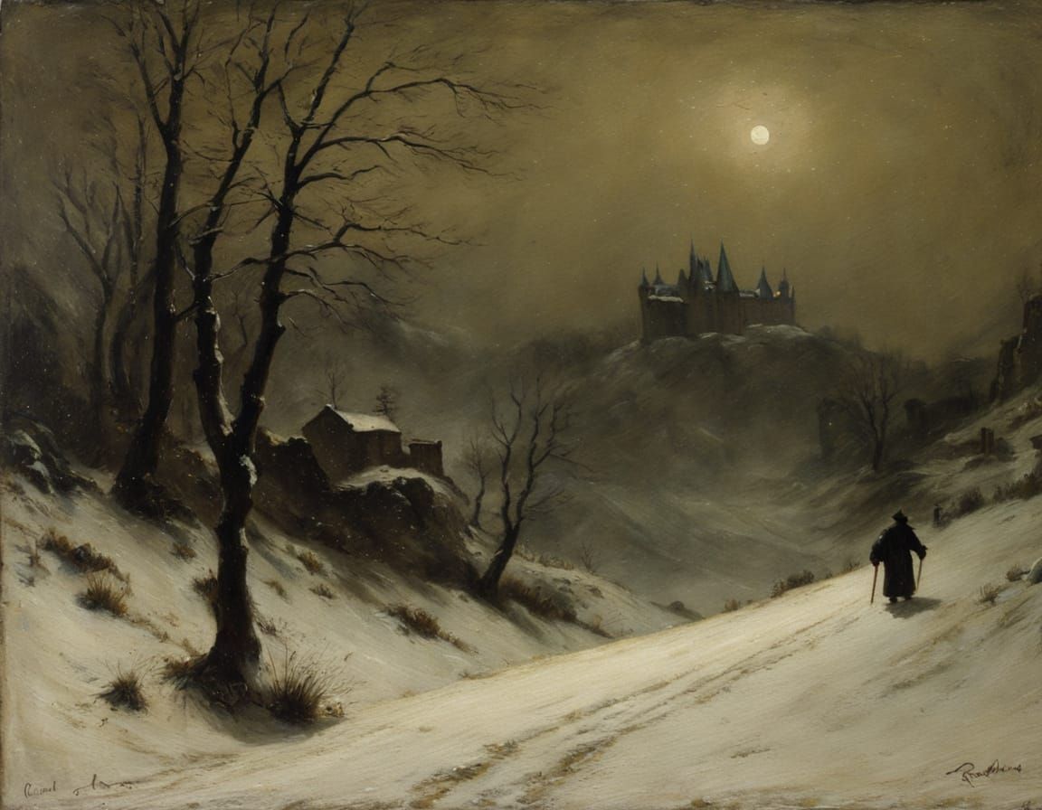 Winter Castle at Night in Pictorial Style