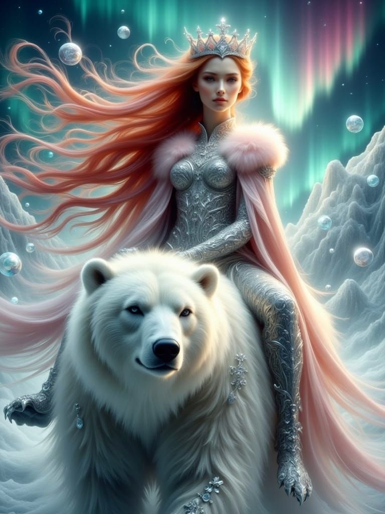 Ethereal Enchantress Rides Polar Bear under Northern Lights