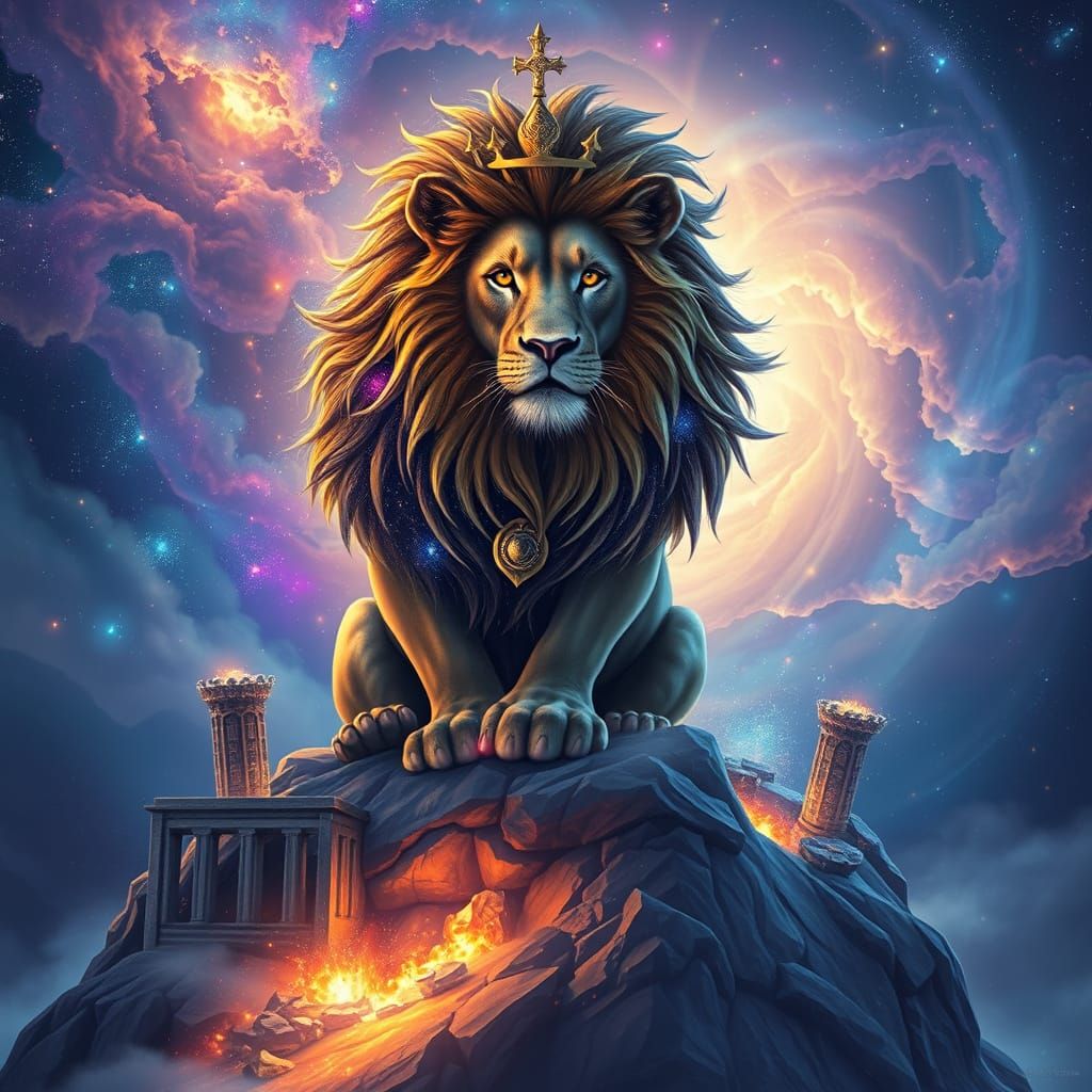 Cosmic Lion on Floating Mountain in Dreamy Style