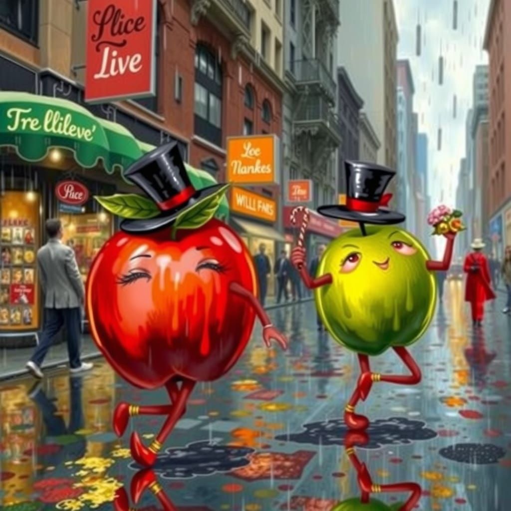 Whimsical Apples Dance in City Rain