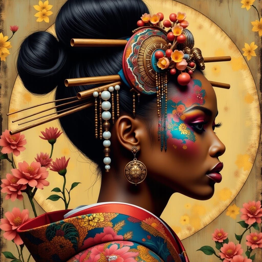 Elegant African Geisha in Vibrant Cultural Fusion