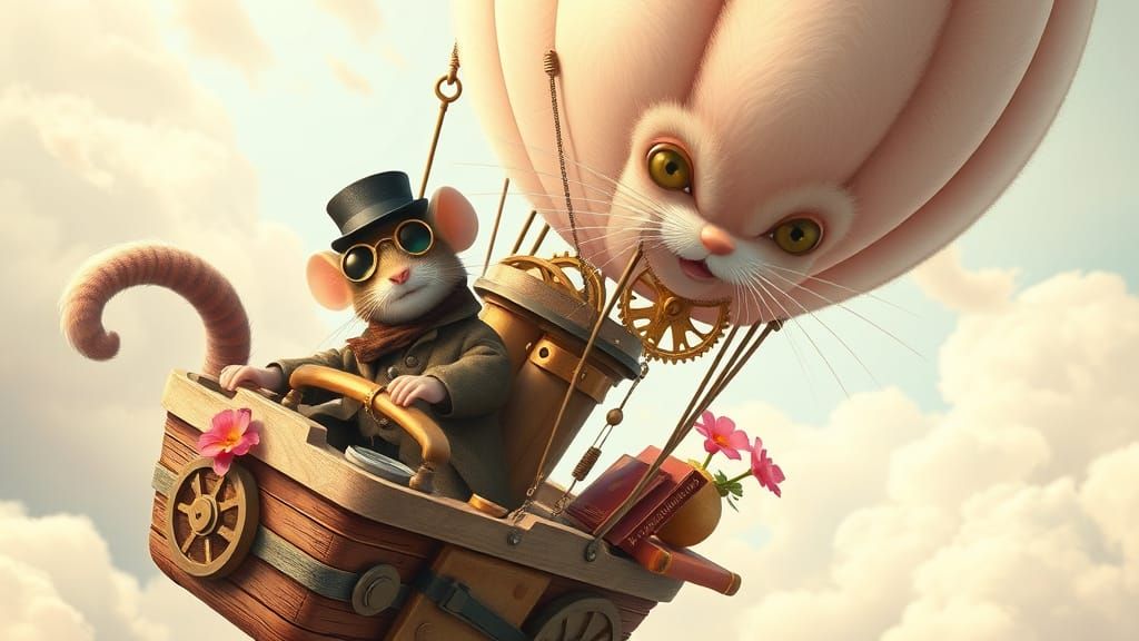Steampunk Mouse in Cat Balloon, Playful Digital Art