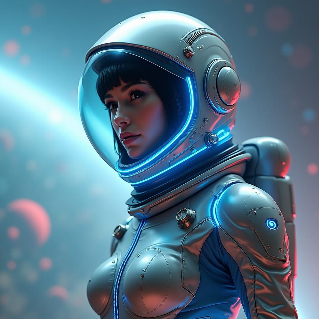 Astronaut in Futuristic Spacesuit Against Nebula Backdrop