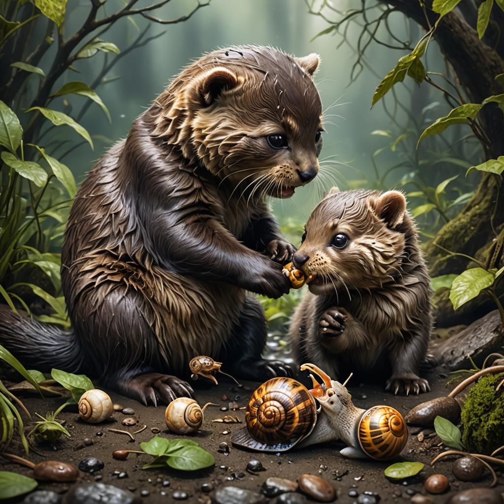 Hyperrealistic Kitten-Otter-Bear Biting a Snail