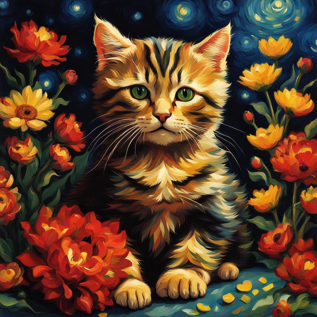Cute Cat on Pillow in Post-Impressionist Style