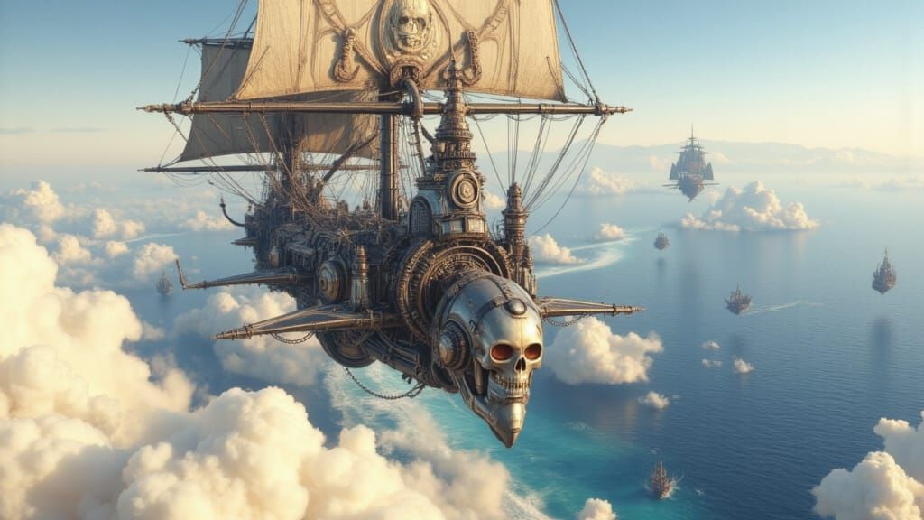 Steampunk Pirate Ship Soars Through Vibrant Sky