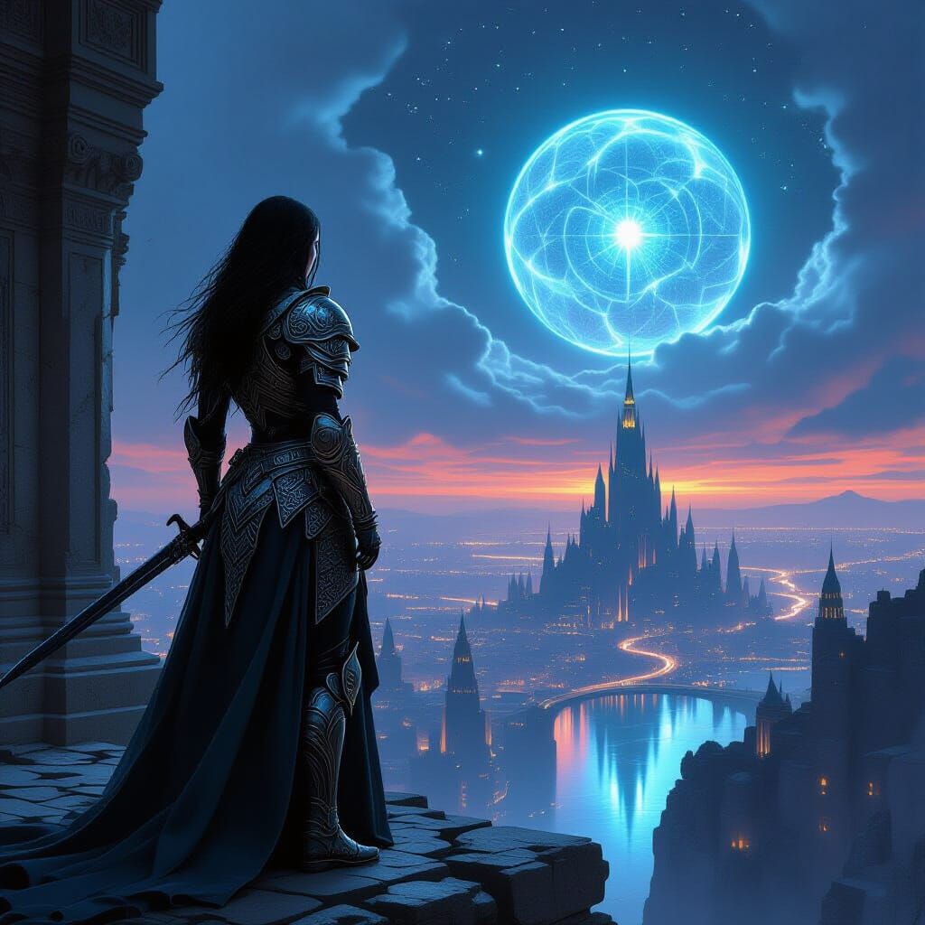 Cyberpunk Warrior on Art Nouveau Citadel