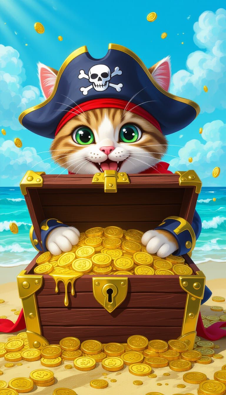Cartoon Pirate Cat Finds Gold Treasure, Graffiti Art Style