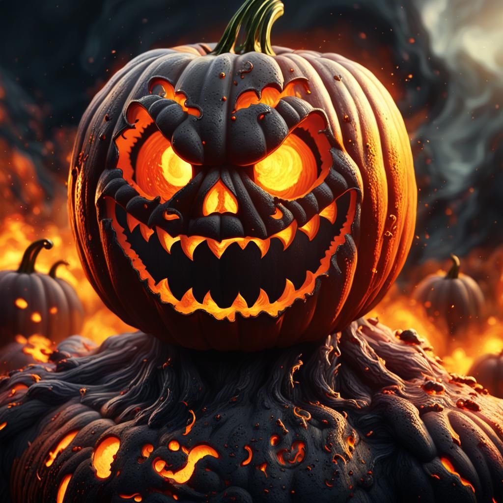Eerie Lava-Spewing Pumpkin in Dark Fantasy Art
