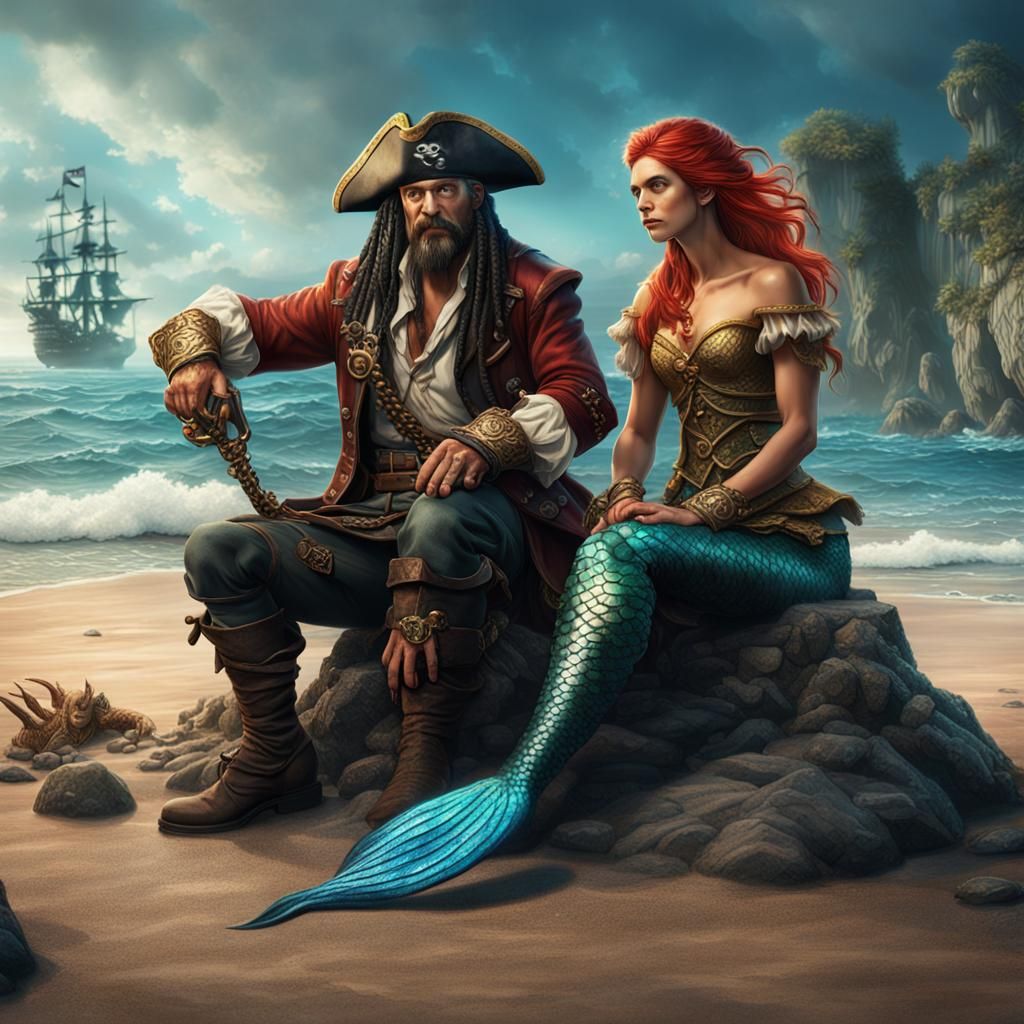 Pirate and Mermaid Beach Scene in Detailed Matte Painting