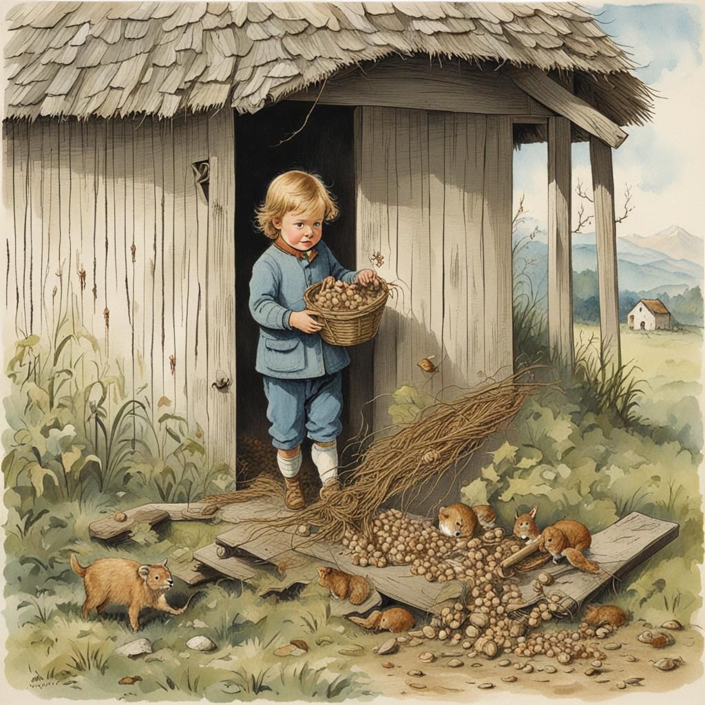 Boy Pulling Wheelbarrow with Toy Shovel and Bucket