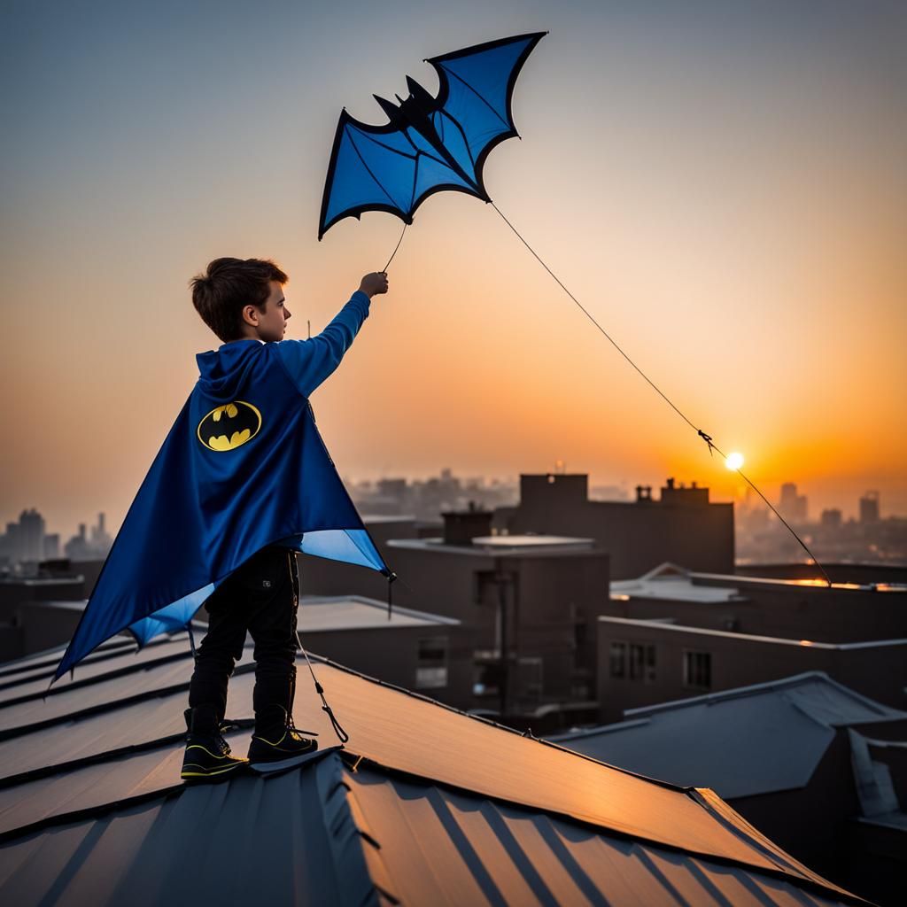 Boy with Batman Kite on Rooftop at Dawn
