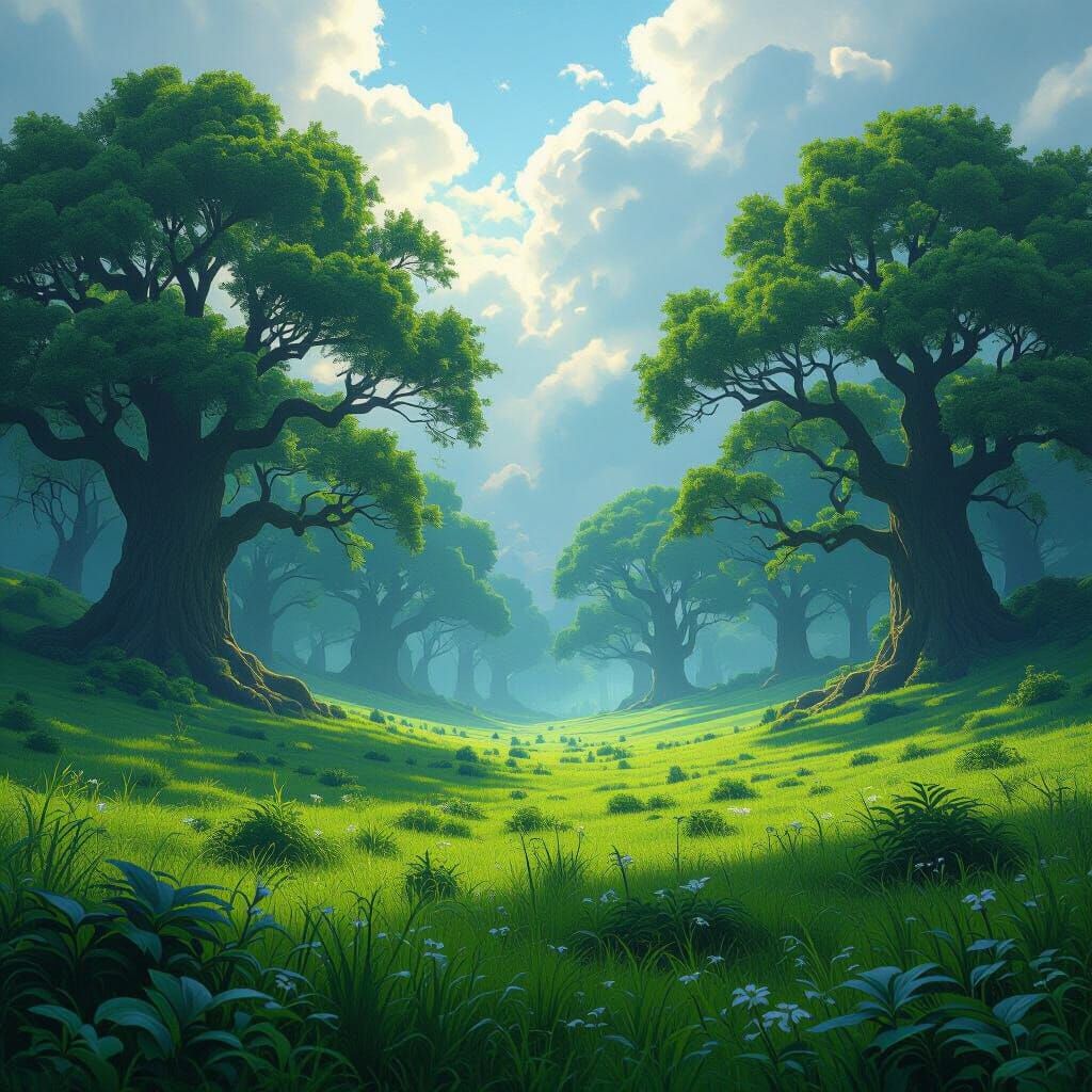 Lush Pasture with Towering Trees as Matte Painting