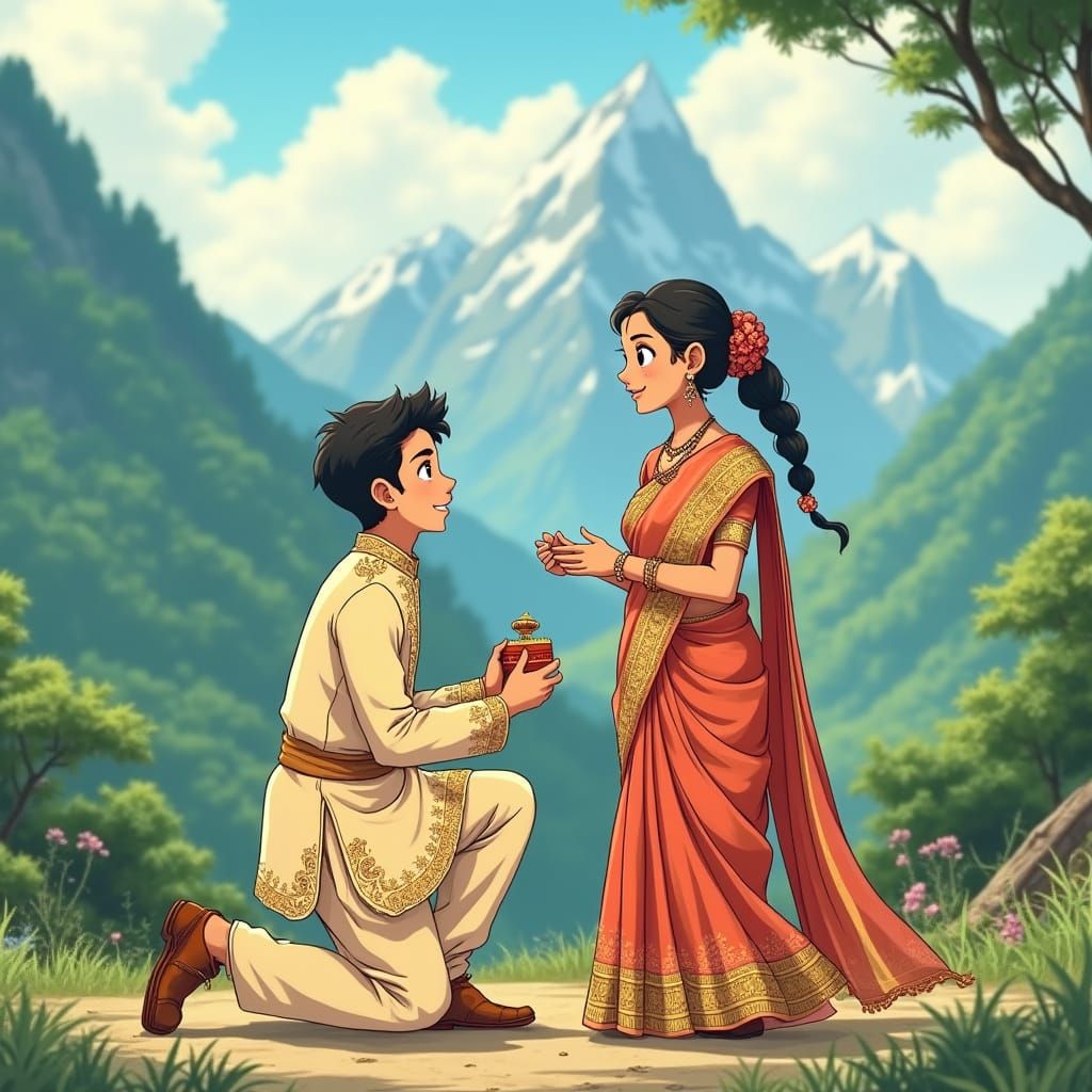Indian Man Proposes in Whimsical Ghibli Art Style