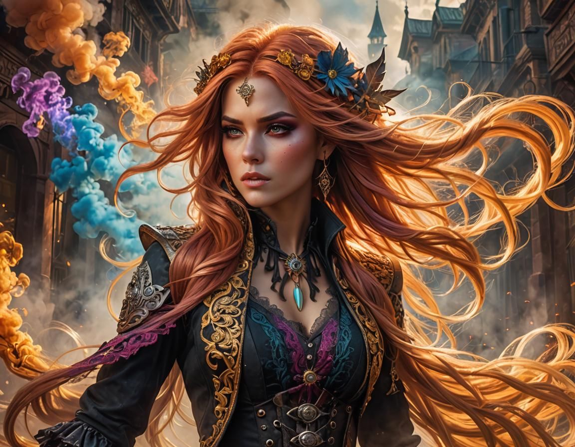 Gorgeous Gunslinger with Colorful Hair in Digital Painting