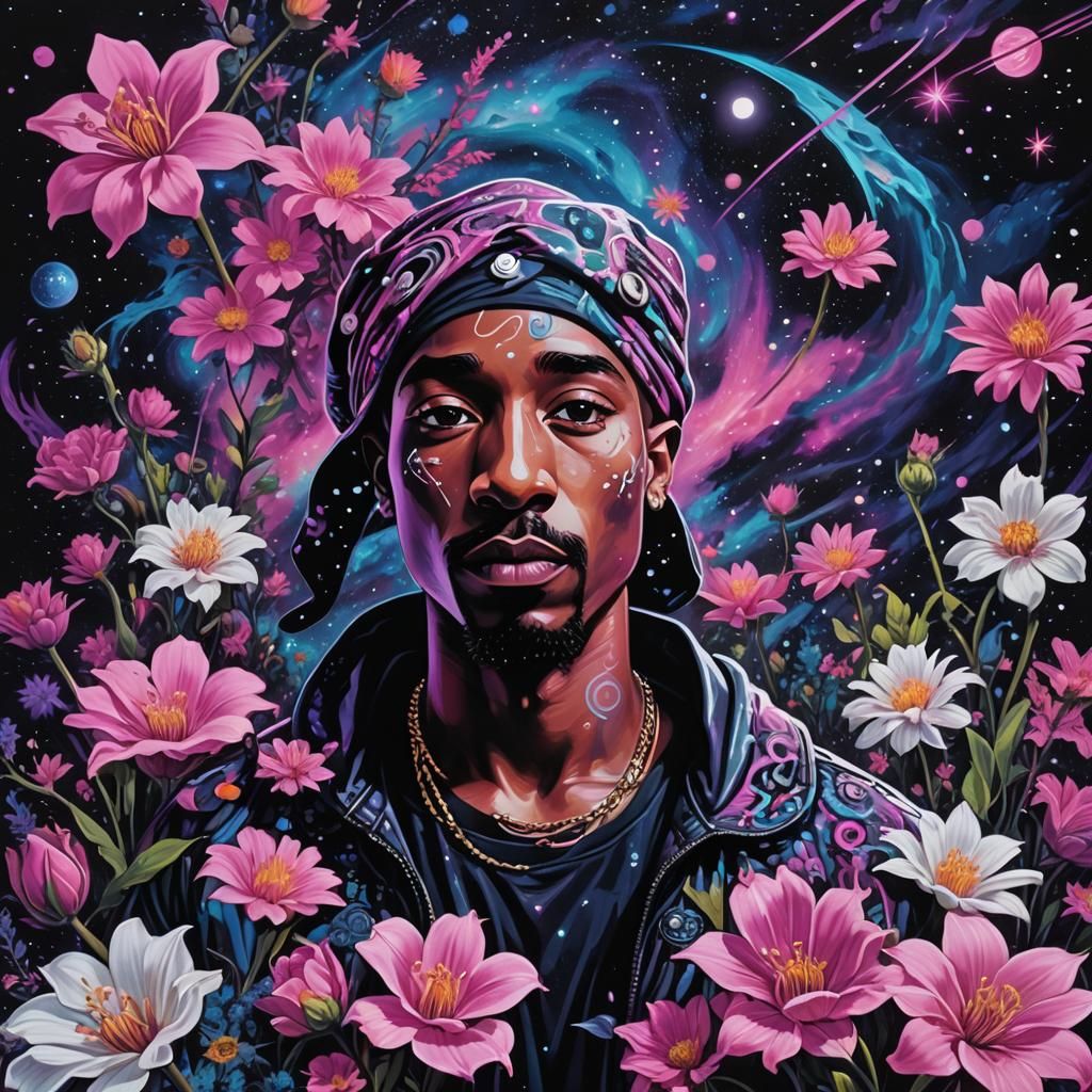 Futuristic Tupac Amidst Enchanted Flowers in Cyberpunk Style