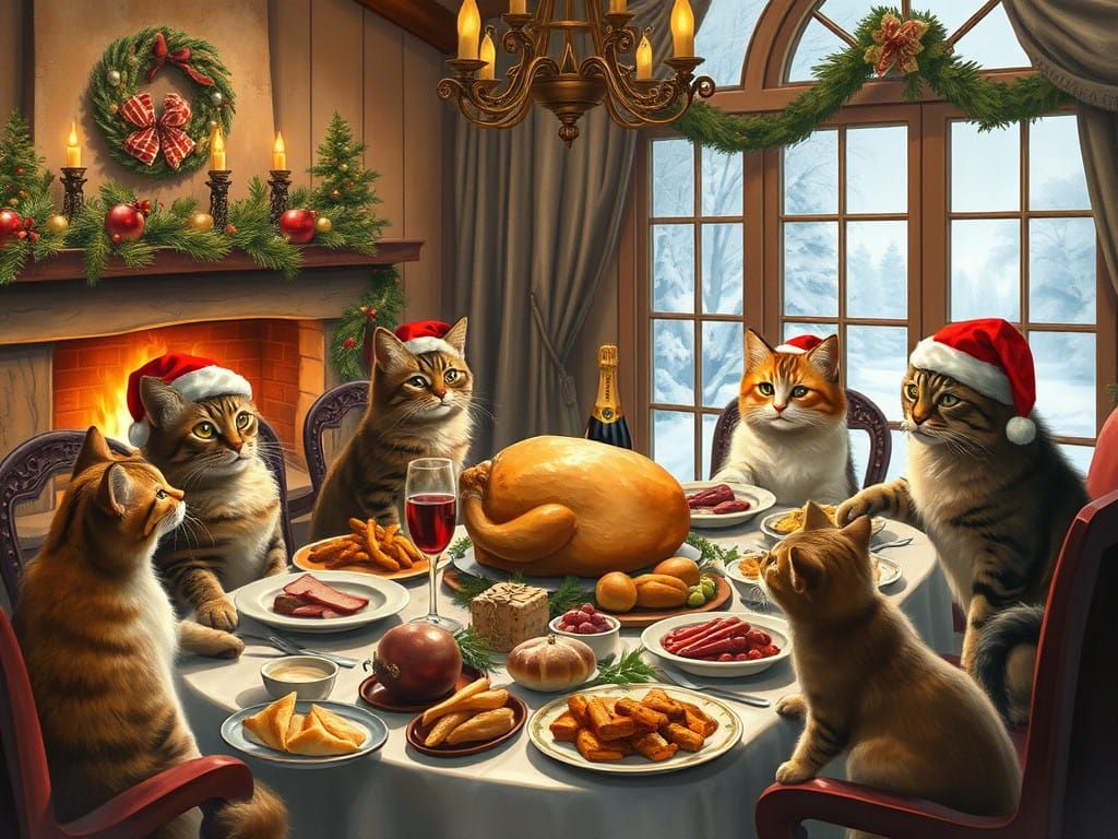 Feline Family Christmas Feast in Warm Winter Wonderland