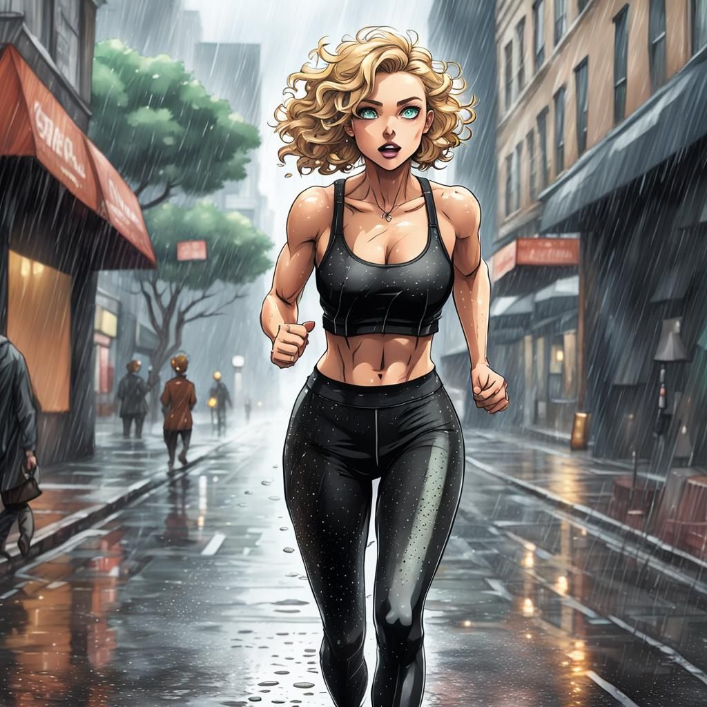 Blonde Woman Running in Rain: 2.5D Anime Illustration