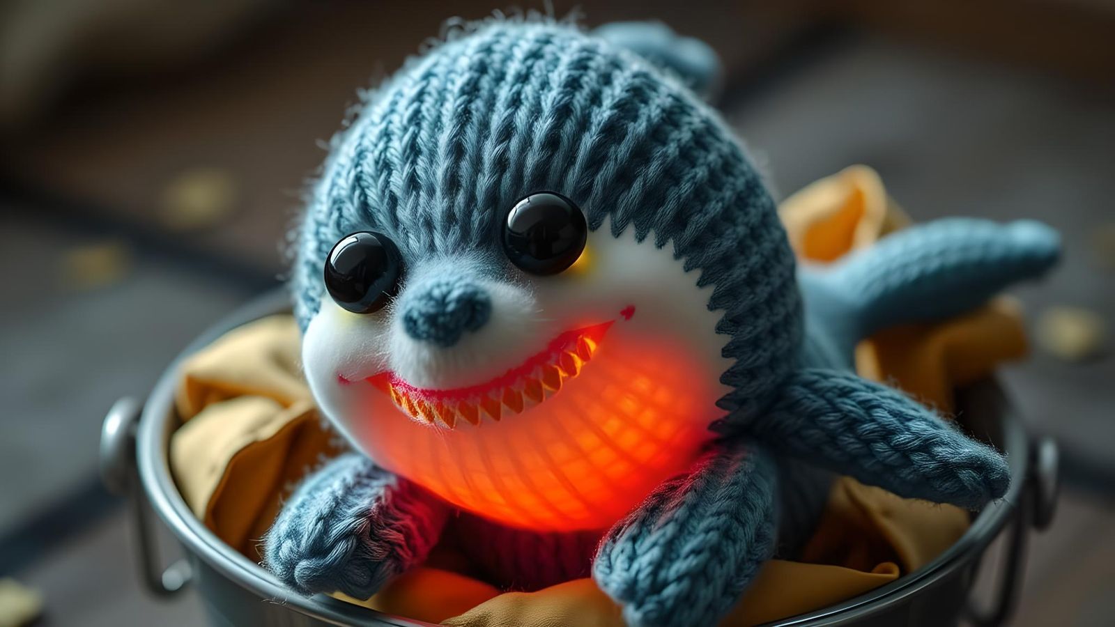 Luminescent Crochet Shark Toy in 3D Cartoon Horror Style