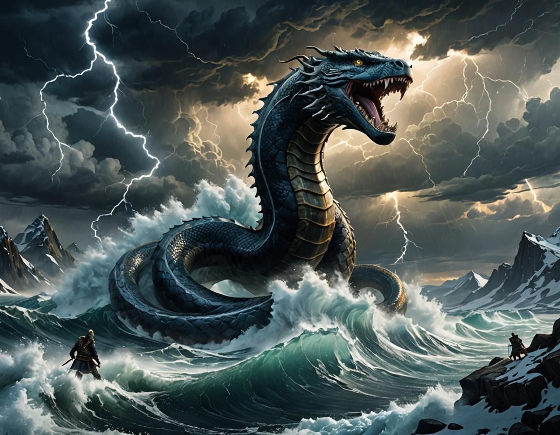 Menacing Jörmungandr in Sci-Fi Fantasy Landscape