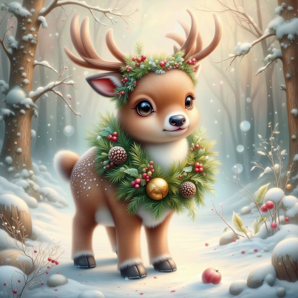 Baby Reindeer in Snowy Clearing with Festive Wreath
