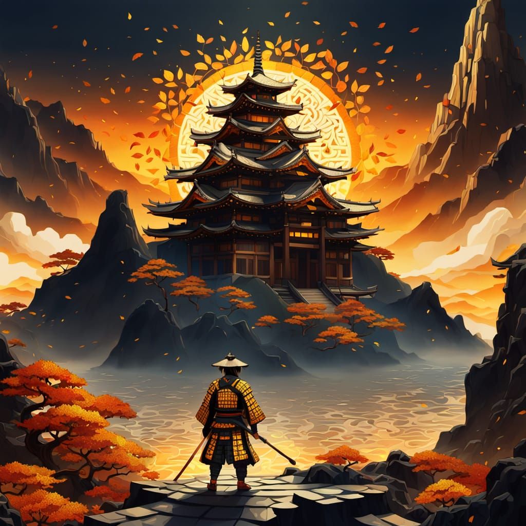 Samurai in Surreal Gaudi-Inspired Temple with Autumn Leaves