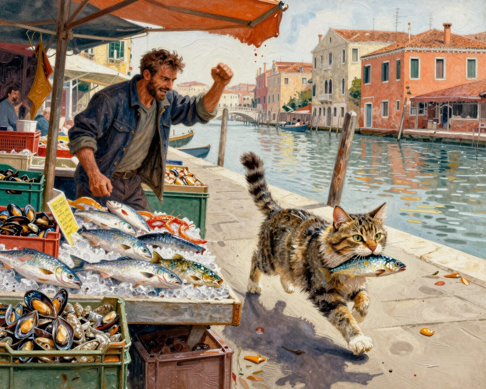 Tabby Cat Grins With Stolen Fish in Venice Market