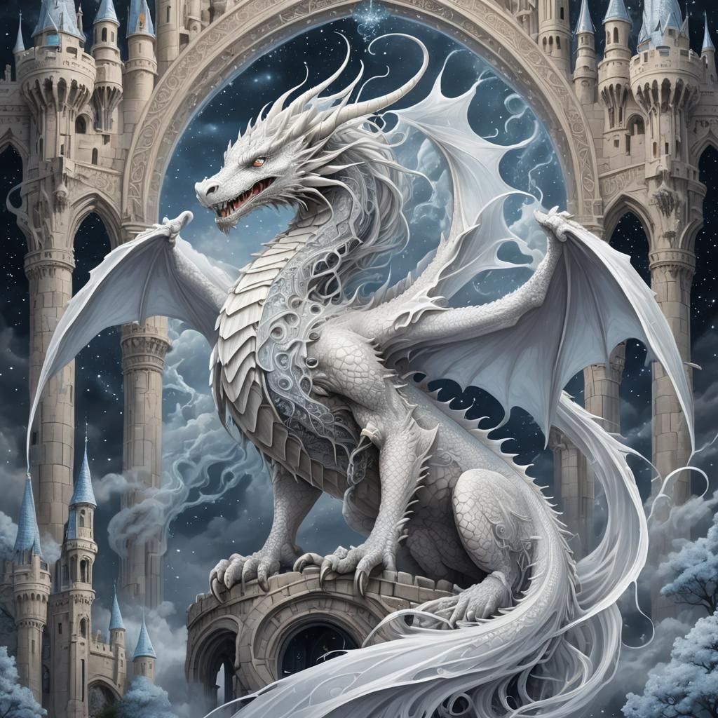 Ethereal White Dragon Guarding Fantasy Castle