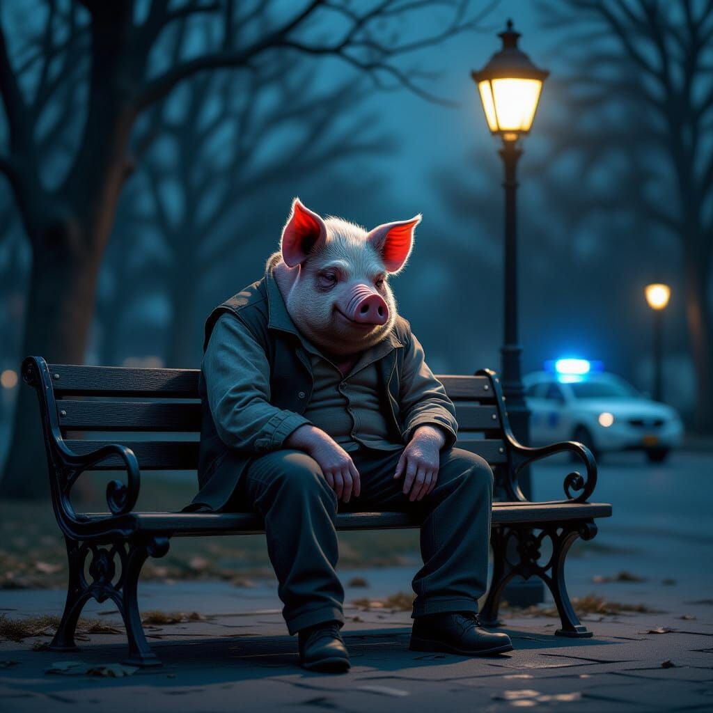 Melancholic Pig-Man on Park Bench at Night