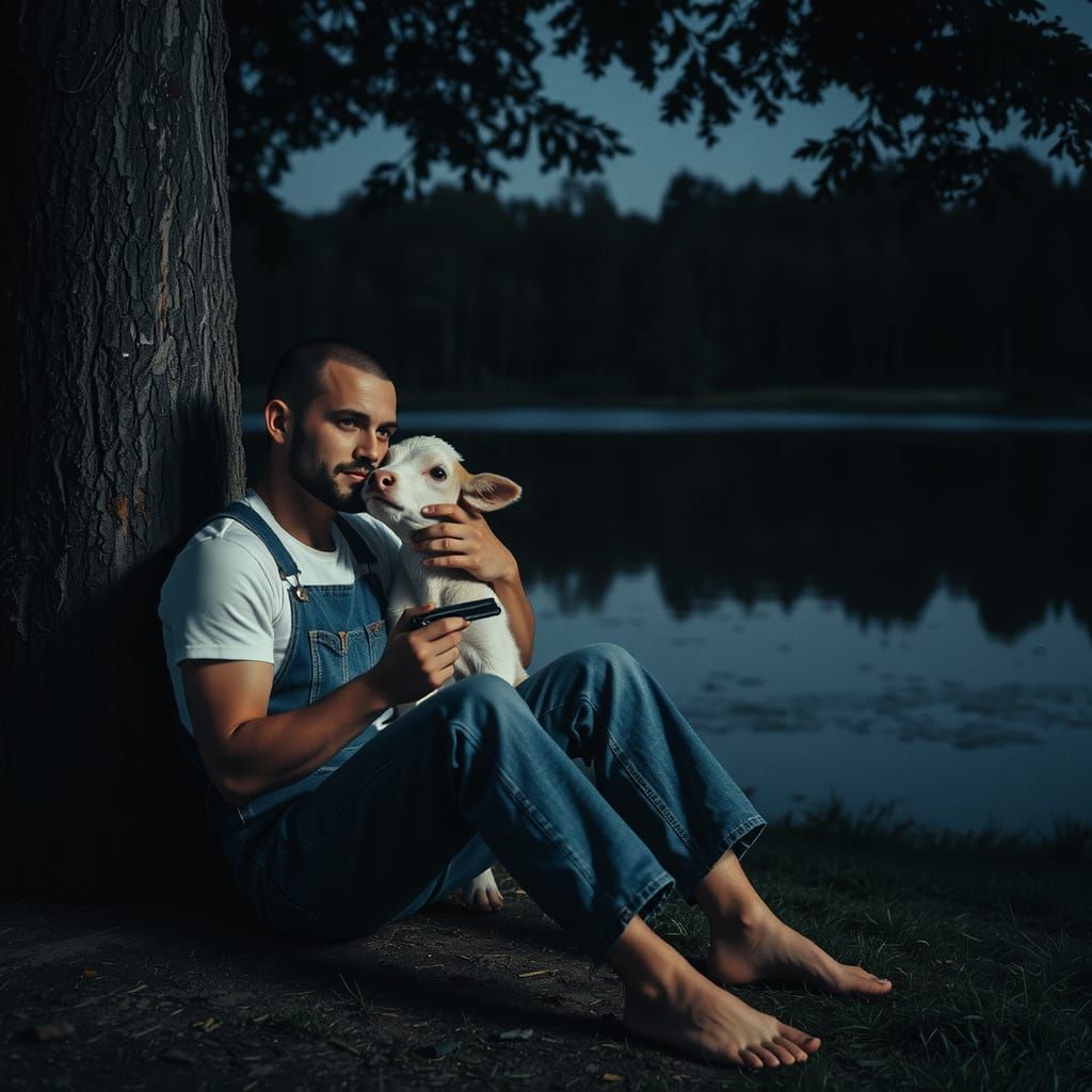 Farmer Cradles Calf Under Moonlight