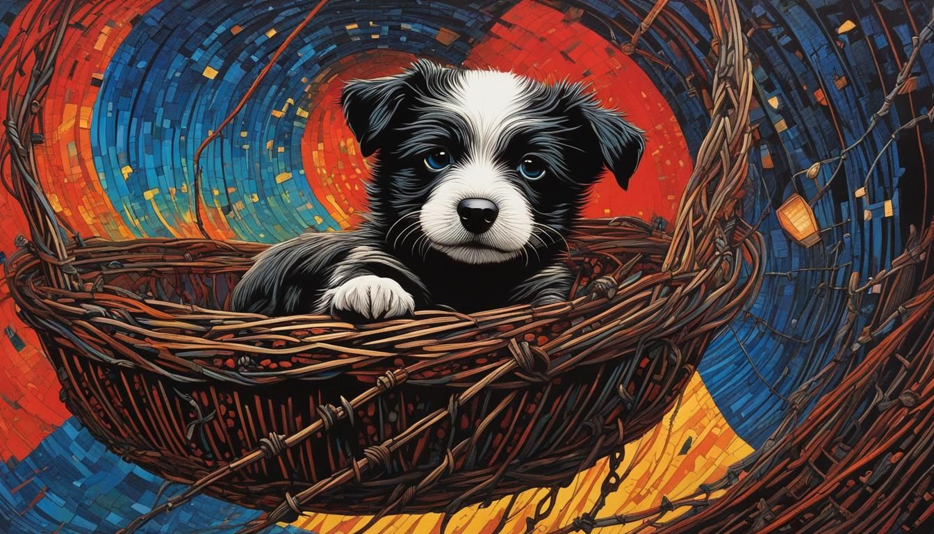 Puppy's Descent: A Vibrant Wood Engraving in Hell