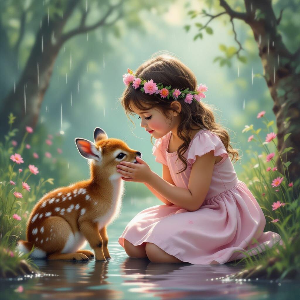 Girl and Fawn in Dreamy Forest, Magical Realism