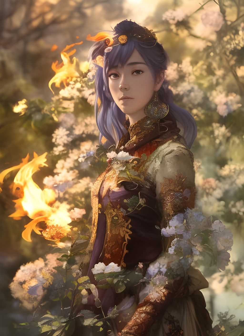 Fire Mage Portrait in Anime Style Garden