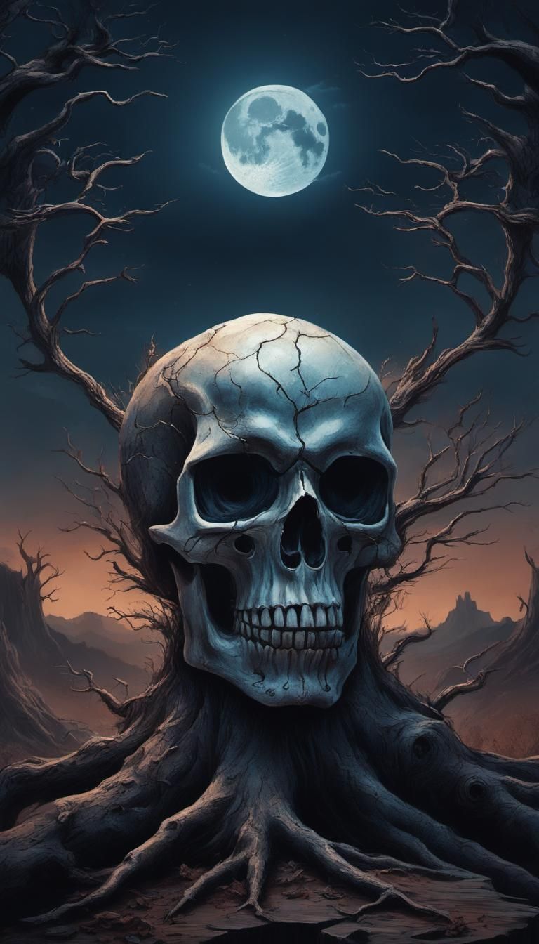 Glowing Skull Under Moonlight in Dark Fantasy Style