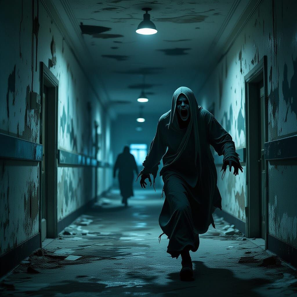 Terrified Ghost Flees Down Crumbling Asylum Corridor