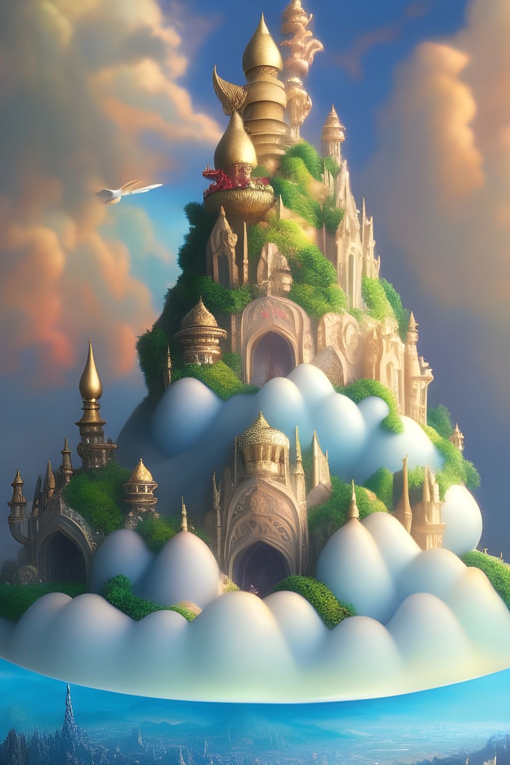 Opalescent Gothic Sandcastle in Cloudy Sky, Digital Art