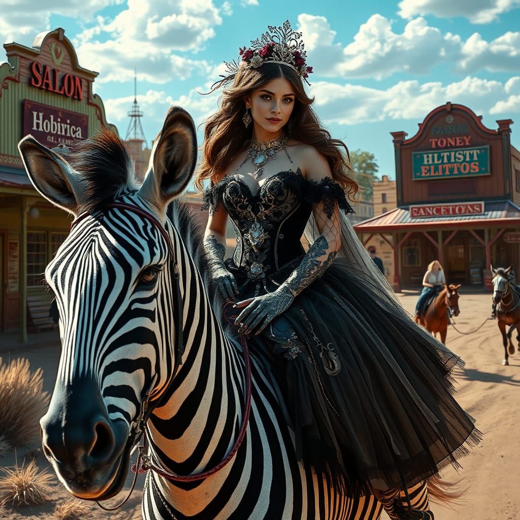 Gothic Disney Princess Rides Zebra in Old West